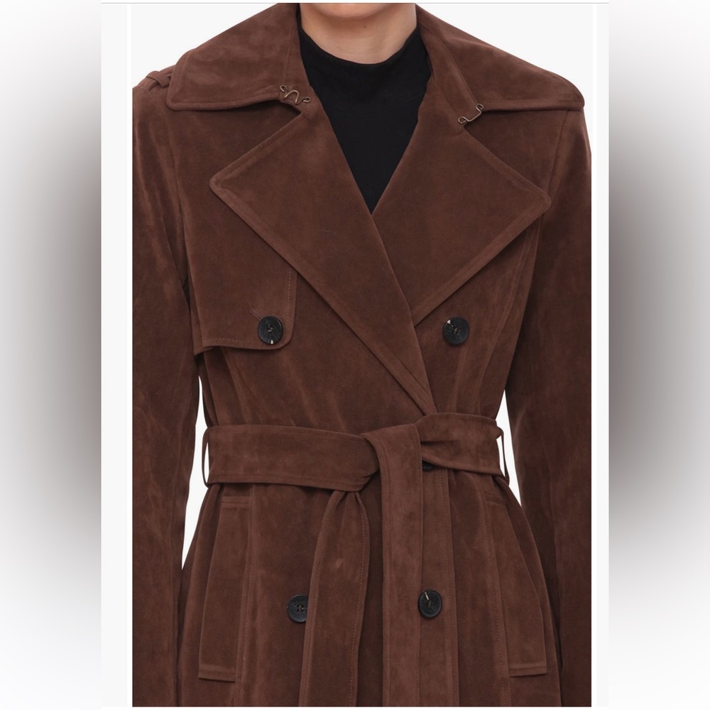 Avec Les Filles Brown Suede Double-Breasted Trench Coat - Picture 3 of 16